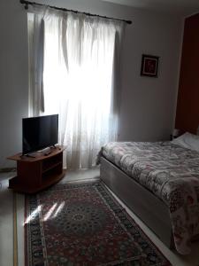 阿奇雷亚莱Casa delle Aci的一间卧室设有一张床、一台电视和一个窗口。