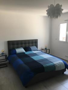 巴斯蒂亚Charmant T2 Hauteurs de Bastia的卧室内的一张床铺,配有蓝色棉被