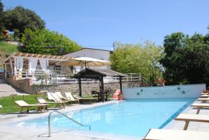 蒙特瓦尔基葡萄农庄别墅酒店的一个带椅子和遮阳伞的大型游泳池