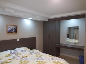 MeruAdala Motel的一间卧室配有一张床和一面大镜子