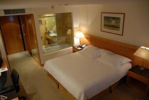 加拉加斯卡拉卡斯尤罗比尔丁套房酒店的一间带白色大床的卧室和一间浴室