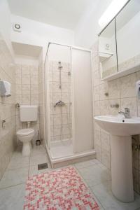 萨武德里亚Apartments Titonel的带淋浴、盥洗盆和卫生间的浴室