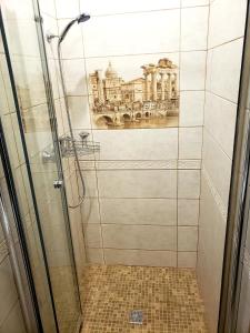 切尔诺夫策Little Paris Apartment的浴室设有淋浴,享有卢弗尔(Louvre)的美丽景致。