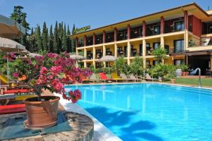加尔达Villa Madrina Lovely and Dynamic Hotel的一座拥有一座种植了盆栽植物的大型游泳池的酒店