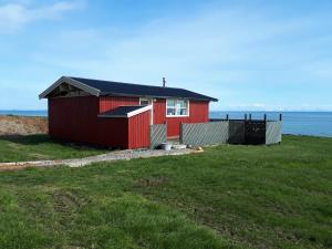 MúliSkjaldvararfoss sumarhús的海滩边的红色房子