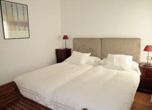 塞维利亚塞维利亚彼特6公寓的一间卧室配有两张带白色床单和枕头的床。