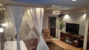 彦根市ホテルヴィラコスタ Adult Only 男塾ホテルグループ的一间卧室配有一张天蓬床和一台电视机
