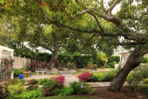 圣巴巴拉Cheshire Cat Inn & Cottages的花园,花园内种有长凳、树木和鲜花