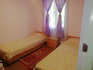 AreniPark-Hotel Khoren's Lake的一间卧室设有两张床和一个带紫色窗帘的窗户。