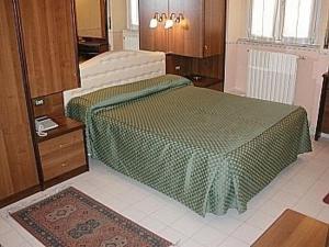 米兰维也纳酒店的一间卧室配有一张带绿色棉被的床