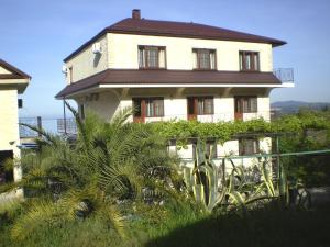 桑德雷什Гостевой дом Барс Абхазия的前面有树木的大白色房子