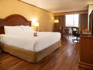 蒙特雷蒙特雷皇冠假日酒店 的酒店客房设有一张大床和一张桌子。
