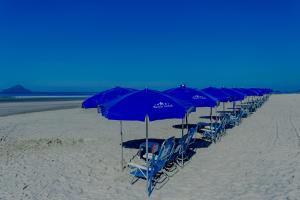 朱奎Beach Hotel Juquehy的海滩上一排蓝色的椅子和遮阳伞