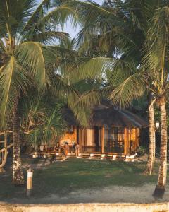 卢纳将军城Greenhouse Siargao Eco-Beach Resort的前面有棕榈树的房子