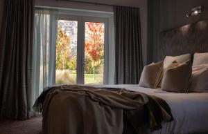 皇后镇皇后镇乡村旅舍的一间卧室设有一张床和一个大窗户