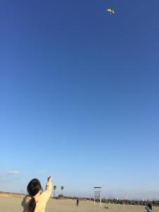 和歌山磯ノ浦駅前ゲストハウス 月と空moon and sky的一名在海滩上放风筝的男孩