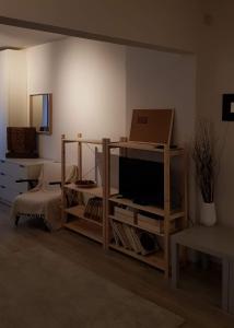 索非亚Red Door Apartment的客厅设有木架上的电视
