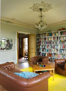 SkegrieLiebacksgården的客厅配有皮革家具和书架