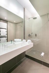 斯特拉斯堡快乐文化帝罗若普酒店的一间带水槽和大镜子的浴室