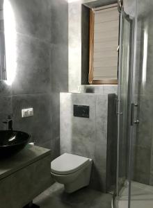 鲁比亚托沃Leśny zakatek的浴室配有卫生间、盥洗盆和淋浴。