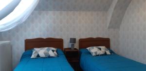 Argent-sur-SauldreLogis hôtel LE COR D'ARGENT的卧室设有两张床,配有蓝色的床单和窗户。