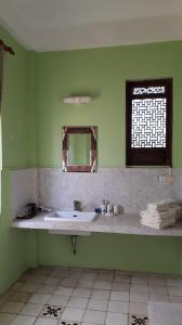 马德望拉维拉酒店的绿色浴室设有水槽和镜子