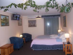 斯特灵Adelaide Hills B&B Accommodation的一间卧室配有一张床和两张蓝色椅子