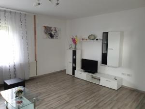 奥托查茨Apartman Majetić的一间配备有电视和玻璃桌的白色客厅
