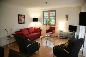 Schnepfau康尼斯布里克公寓的客厅配有红色的沙发和椅子