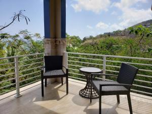 夏洛特阿马利亚Villa Indigo Sunny 1BR Apartment in Private Gated Estate的阳台配有2把椅子和1张桌子