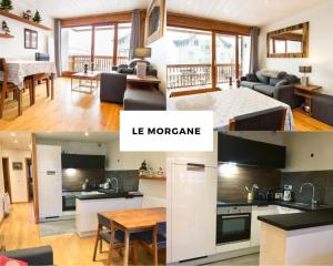 夏蒙尼-勃朗峰2 Appartements à Chamonix centre ville, vue Mont-Blanc, Lyret ou Morgane的厨房和客厅的照片拼合在一起