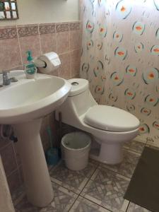 拉利伯塔德Shalpa surf villa的浴室配有水槽、卫生间和浴帘