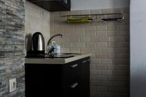 桑丹斯基Apartment Alex的厨房设有水槽和砖墙