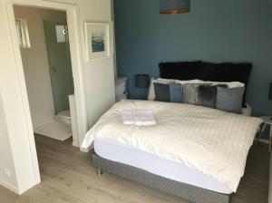 弗吕济Dalabyggd Cottages - Romantic stay by the Secret Lagoon的一间卧室配有一张带蓝色墙壁的大床