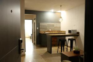 库利亚坎霍姆修斯罗塔利斯莫公寓式酒店的一间厨房,内设一个柜台和凳子