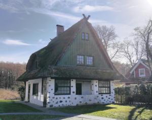 阿伦斯霍普Darßer Strandgut - Haus Butzek的一座带草屋顶的老房子