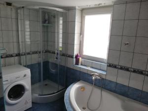 耶莱希尼亚Mieszkanie na wyłączność的带淋浴和洗衣机的浴室