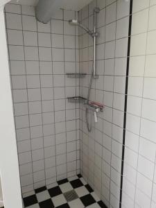 Sandholts-LyndelseBaekgaarden B&B的浴室铺有黑白瓷砖,设有淋浴。