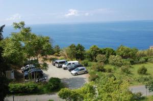 博纳索拉拉弗朗切西卡度假酒店的一群停在靠近海洋的停车场的汽车