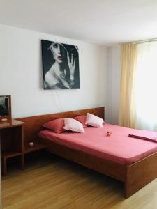 康斯坦察Casa Kito的一间卧室,配有一张红色床单和一张女性照片