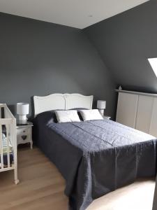 翁弗勒尔Cosy Maison Honfleur的一间卧室配有一张带蓝色毯子的大床