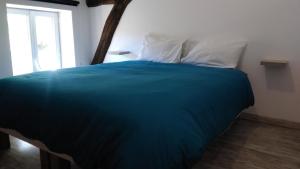 布里阿尔JOLIE MAISON AVEC JARDIN PRIVE DANS LE CENTRE VILLE DE BRIARE的一张带蓝色毯子和白色枕头的床