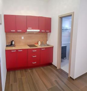 布拉格Apartment De Luna的一间带红色橱柜和水槽的厨房