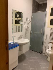麦加Altelal Apartment的带淋浴、盥洗盆和卫生间的浴室