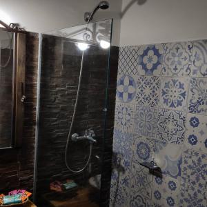 德尔迪阿布罗角El Bodegón Hostal Boutique的浴室铺有蓝色和白色瓷砖,设有淋浴。