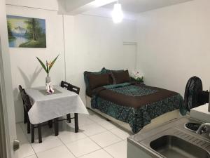 格罗斯岛Caribbean Dream Vacation Property CD4的一间卧室配有一张床、一张桌子和一个水槽