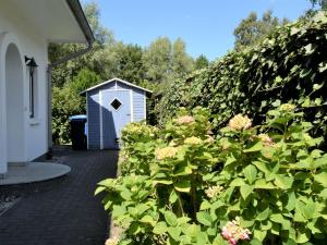 格拉尔-米里茨Spacious apartment in Graal-Muritz Germany with Balcony的花 ⁇ 旁的小蓝色棚子
