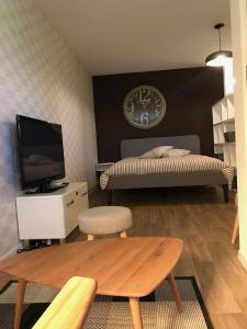 EcublensLarge Studio Near Epfl And Lausanne City Center的一间卧室配有一张床、一张桌子和一台电视。