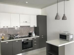 姆西达Seaside Room的厨房配有白色和灰色的橱柜和微波炉