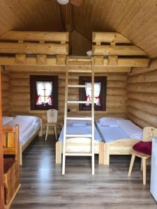 普列维扎Camp PACHO的小木屋内设有一间带两张双层床的卧室